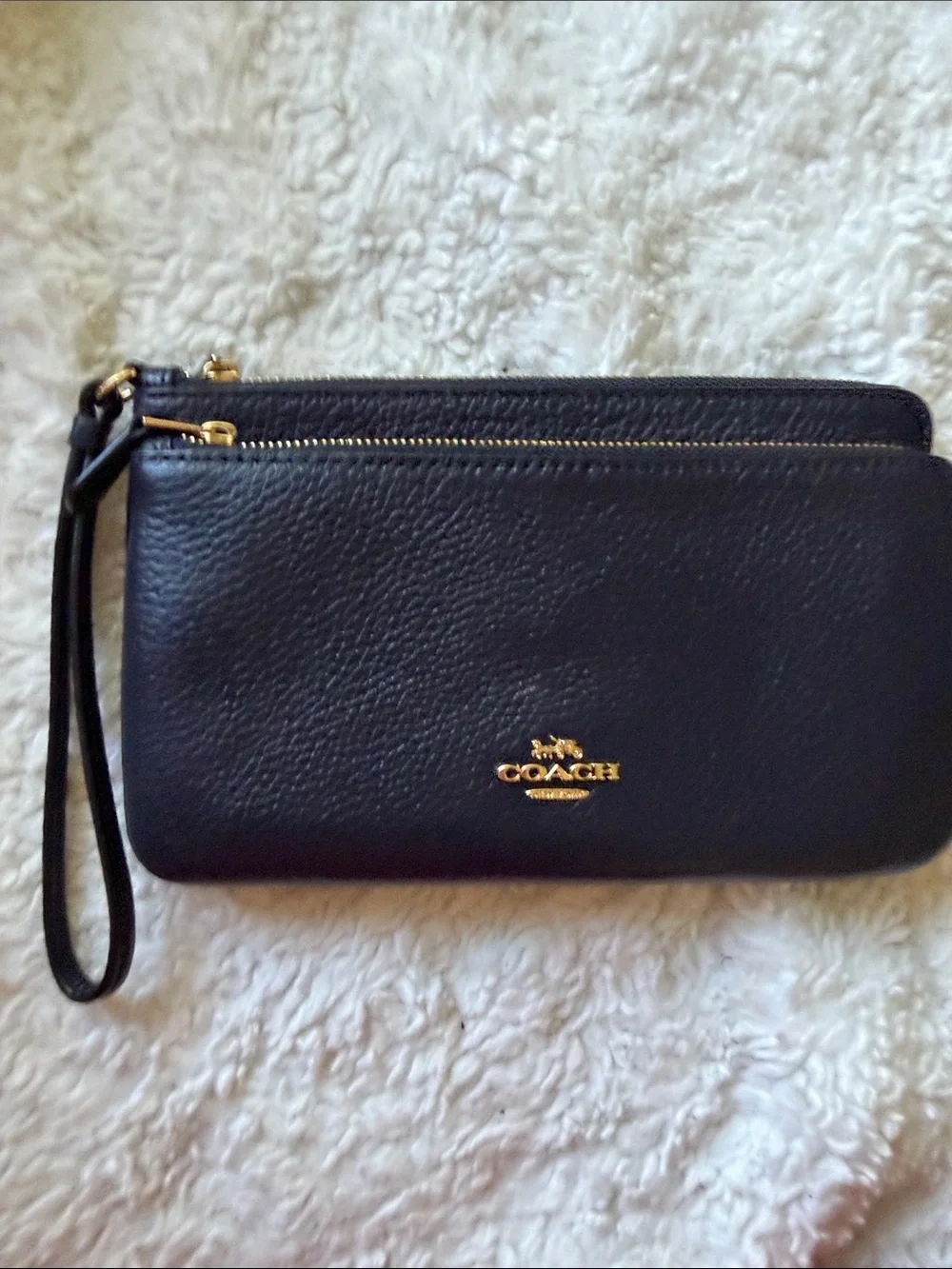 Coach Black Pebbled Leather Wristlet with Gold Logo